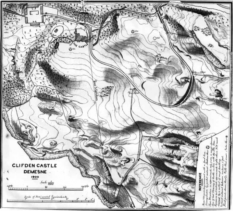 Map of Clifden Demesne, 1900. This shows part of the castle lands, the stables, and some of the driveway. Obviously much later than the D'Arcy time, but still showing the original layout of the Demesne.